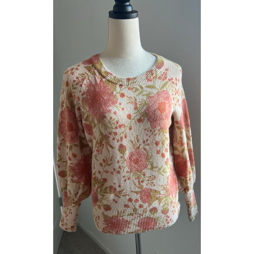 LC Lauren Conrad Pink Floral Print Crewneck Sweater Cream Pressed‎ Peony Sz S